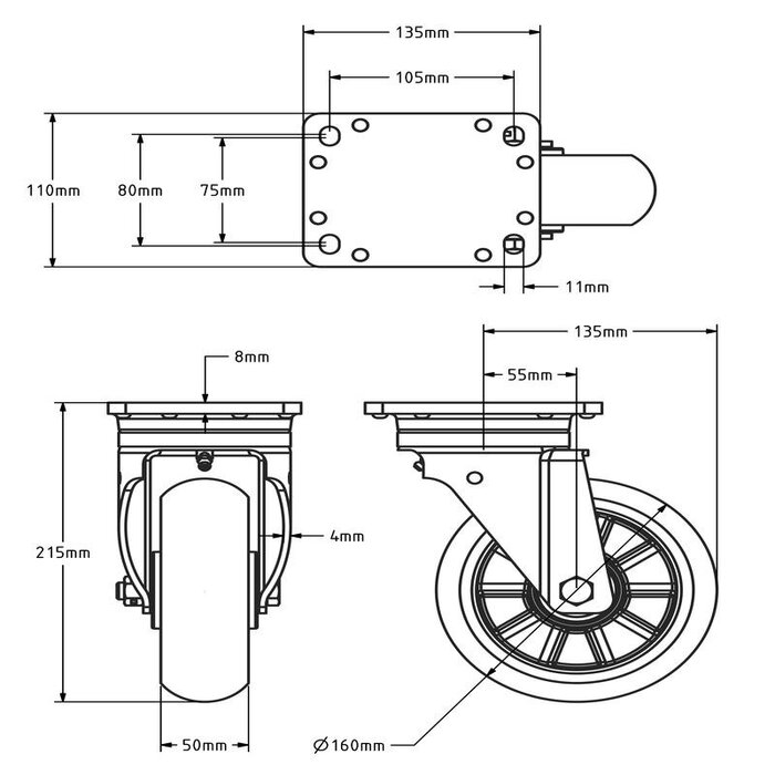 Ergonomische Polyurethan-Lenkrolle 160 mm - Kugellager - 500 kg