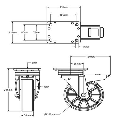 Polyurethan Schwerlast-Lenkrolle mit Bremse 160 mm - Kugellager - 800 kg