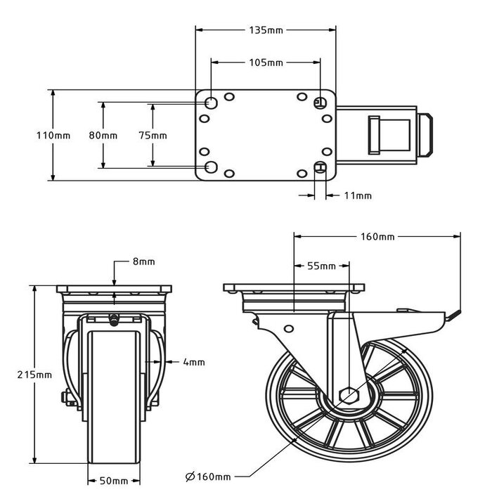 Polyurethan Schwerlast-Lenkrolle mit Bremse 160 mm - Kugellager - 800 kg
