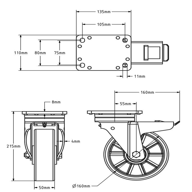 Polyurethan Schwerlast-Lenkrolle mit Bremse 160 mm - Kugellager - 800 kg