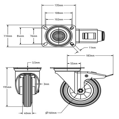 Gummi Lenkrollen mit Bremse 160 mm - Rollenlager - 140 kg