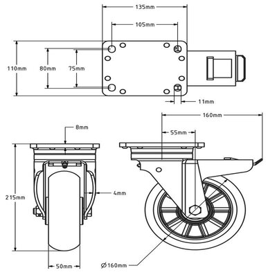 Ergonomische PU Lenkrolle mit Bremse 160 mm - verstärkt - kugelgelagert - 500 kg