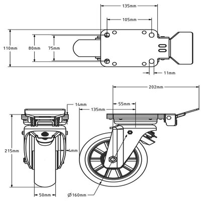 Ergonomische PU Lenkrolle mit Bremse 160 mm - verstärkt - kugelgelagert - 500 kg