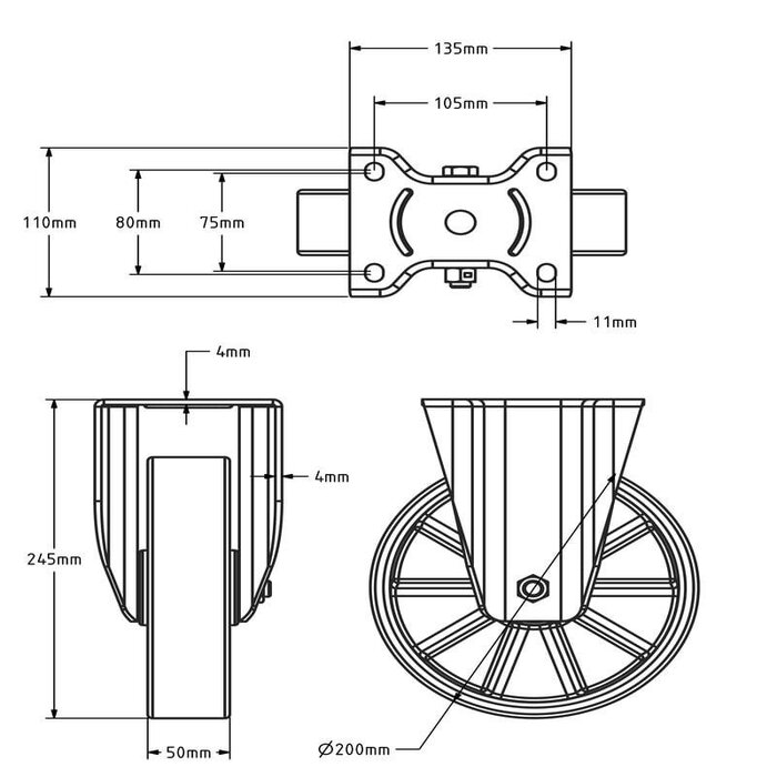 Polyurethan-Schwerlast-Bockrolle 200 mm - Kugellager - 800 kg