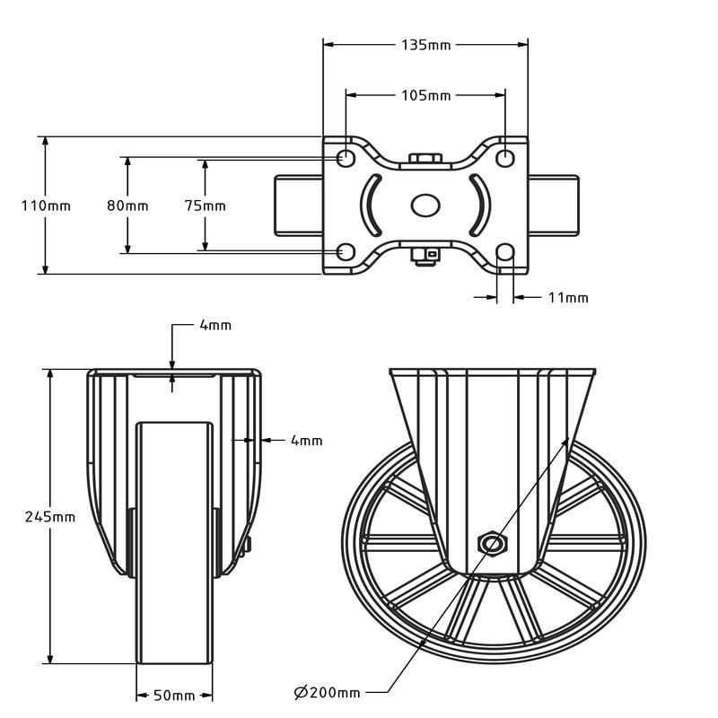 Polyurethan-Schwerlast-Bockrolle 200 mm - Kugellager - 800 kg