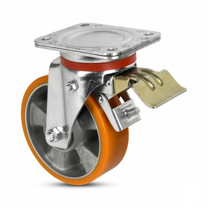 Polyurethan Schwerlast-Lenkrolle mit Bremse 200 mm - Kugellager - 800 kg