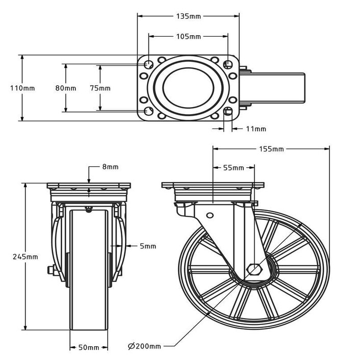 Polyurethan Schwerlast-Lenkrolle 200 mm - Kugellager - 800 kg