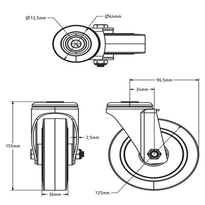 Gummilenkrolle 125 mm - Rollenlager - 220 kg