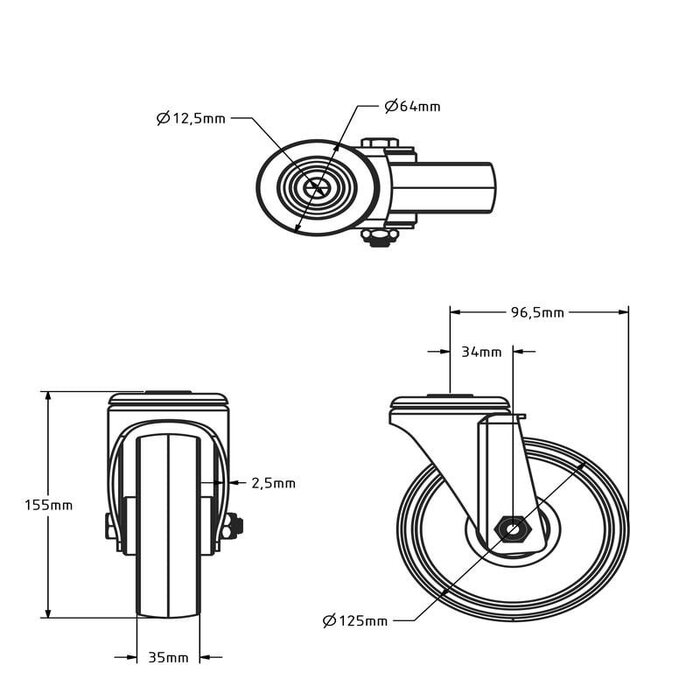Nylon Lenkrolle 125 mm - Rollenlager - 200 kg