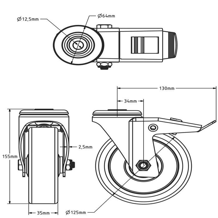 Thermoplastische Gummi-Lenkrolle mit Bremse 125 mm - Kugellager - 135 kg