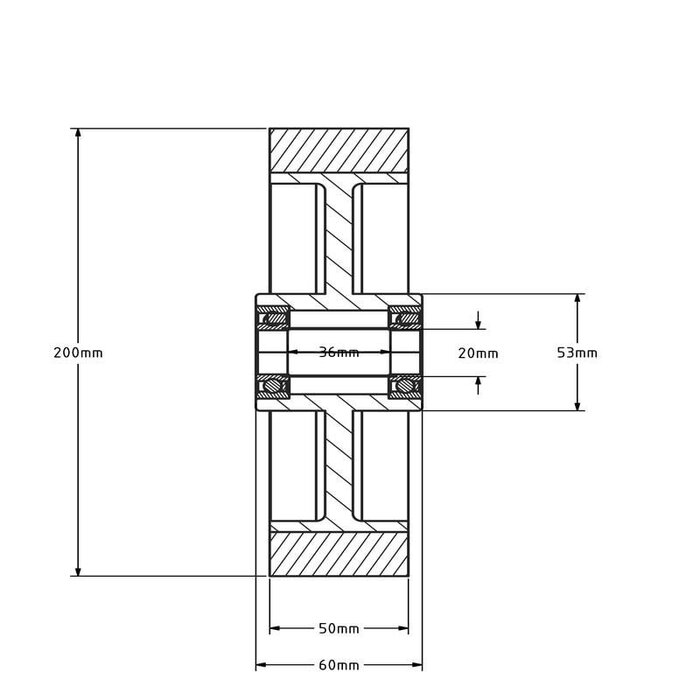 Gummirad 200 mm - Kugellagerbohrung 20 mm - 400 kg