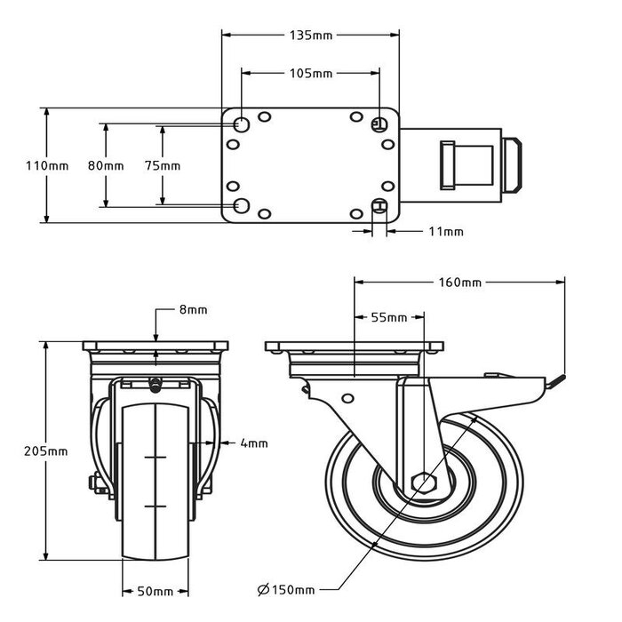Polyamid Schwerlast-Lenkrolle mit Bremse 150 mm - Kugellager - 800 kg