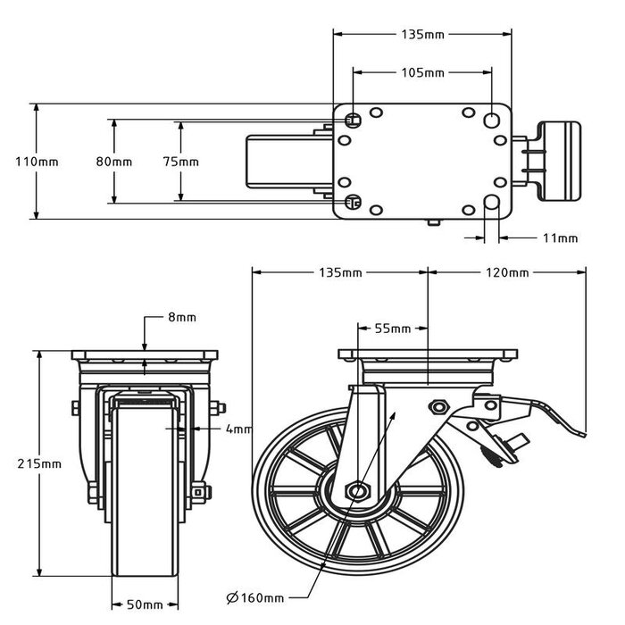 Polyurethan-Schwerlast-Lenkrolle mit Bremse 160 mm - Kugellager - 800 kg