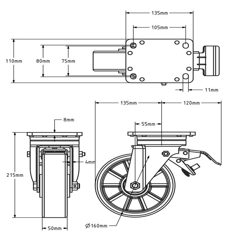 Polyurethan-Schwerlast-Lenkrolle mit Bremse 160 mm - Kugellager - 800 kg