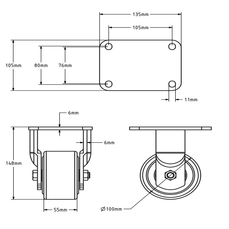 Gusspolyamid-Schwerlast-Bockrolle 100 mm - 1500 kg