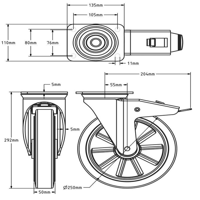 Elastische Gummi-Lenkrolle mit Bremse 250 mm - Kugellager - 500 kg