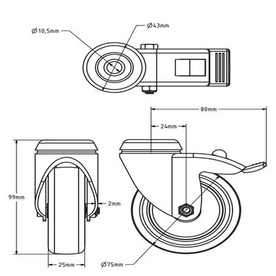 Gummi Lenkrolle mit Bremse 75 mm - Bolzenloch - 75 kg