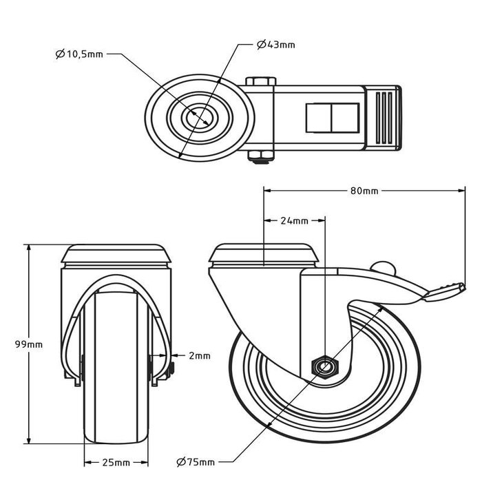 Gummi Lenkrolle mit Bremse 75 mm - Bolzenloch - 75 kg