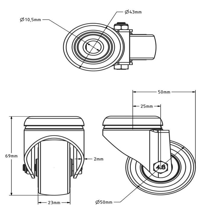 Gummilenkrolle 50 mm - Bolzenloch - 50 kg