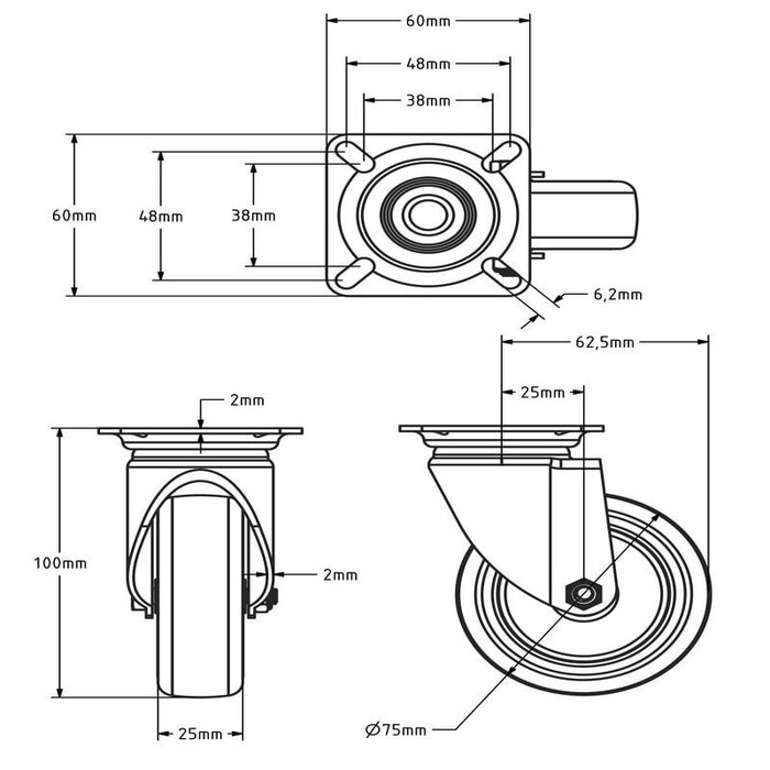 Schwarze Lenkrolle 75 mm - Gleitlager - Platte - 75 kg