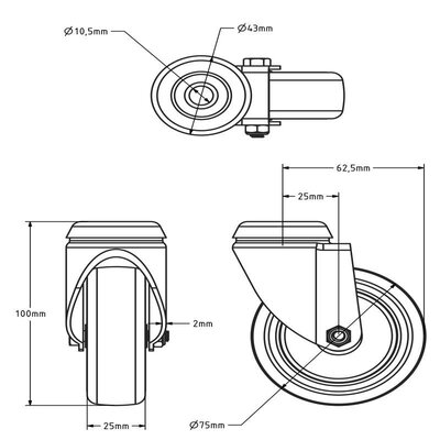 Schwarze Lenkrolle 75 mm - Bolzenloch - 75 kg