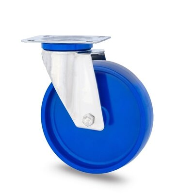 Edelstahl Lenkrolle 100 mm blau PU - Rollenlager - 150 kg