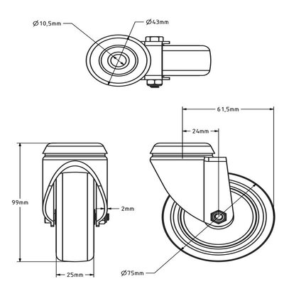 Gummilenkrolle 75 mm - Kugellager - Bolzenloch - 75 kg
