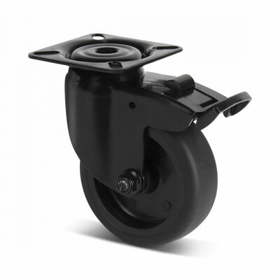 Schwarze Lenkrolle mit Bremse 75 mm - Gleitlager - Platte - 75 kg