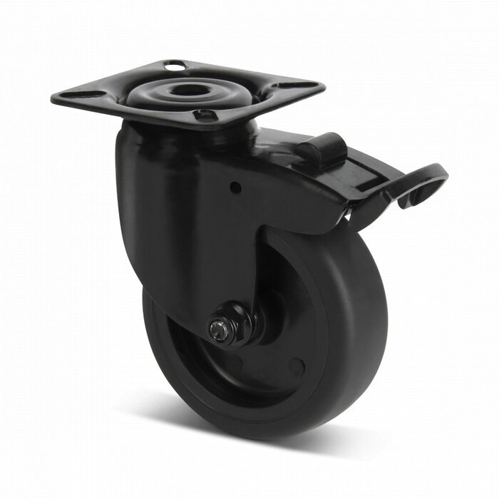 Schwarze Lenkrolle mit Bremse 75 mm - Gleitlager - Platte - 75 kg