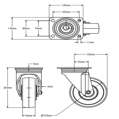 Schwerlast Lenkrolle aus Nylon 150 mm - 900 kg