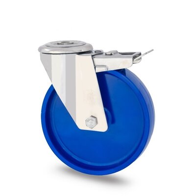 Edelstahl Lenkrolle mit Bremse 80 mm blau PU - Rollenlager - 120 kg