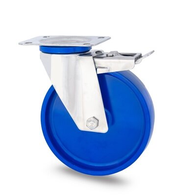 Edelstahl Lenkrolle mit Bremse 100 mm blau PU - Rollenlager - 150 kg
