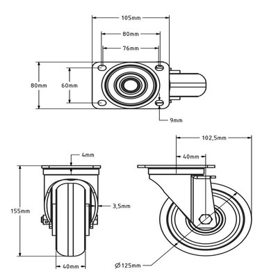 Bombierte PU Lenkrolle 125 mm - 310 kg