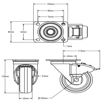 Ballige Polyurethan-Lenkrolle mit Bremse 100 mm - 270 kg