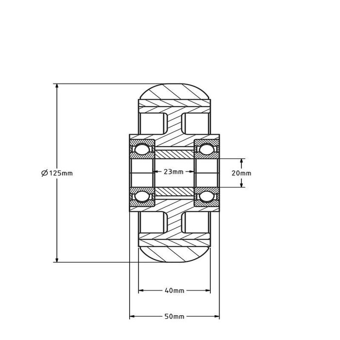 Balliges Polyurethanrad 125 mm - Kugellager 20 mm - 310 kg