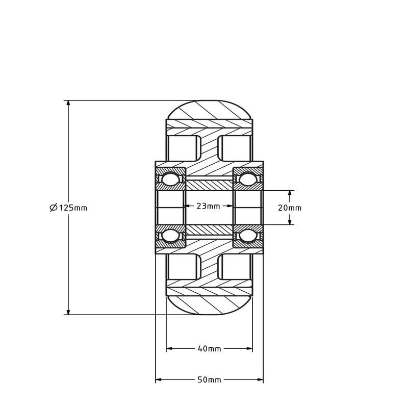 Balliges Polyurethanrad 125 mm - Kugellager 20 mm - 310 kg