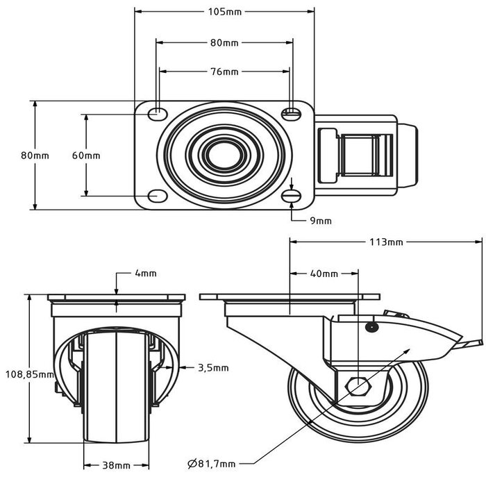 Polyurethan Schwerlast-Lenkrolle mit Bremse 80 mm - Kugellager - 250 kg