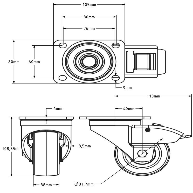 Polyurethan Schwerlast-Lenkrolle mit Bremse 80 mm - Kugellager - 250 kg