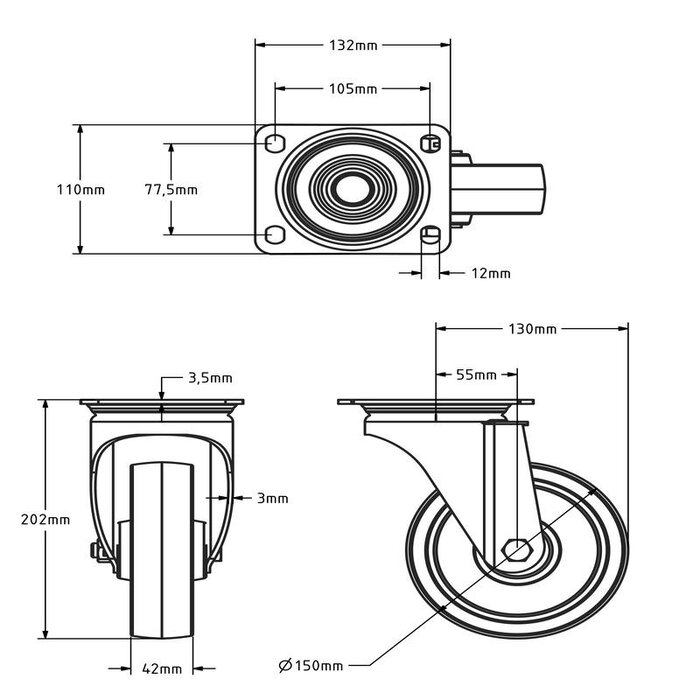 Hitzebeständige Lenkrolle 150 mm bis +280 °C - 200 kg