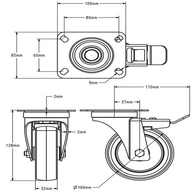 Lenkrollen mit Bremse aus Edelstahl 100 mm - Gummi - 100 kg