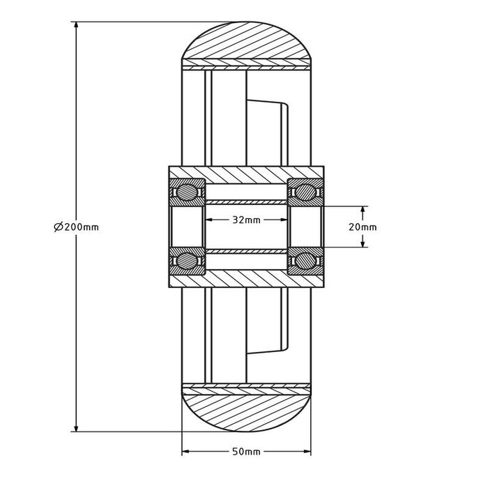 Ergonomisches Polyurethanrad 200 mm - Kugellager 20 mm - 700 kg