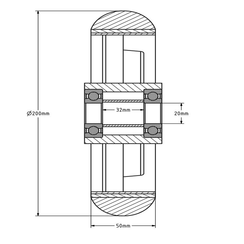 Ergonomisches Polyurethanrad 200 mm - Kugellager 20 mm - 700 kg