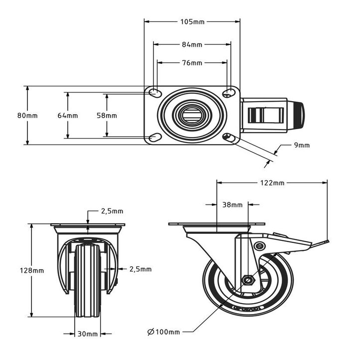 Vollgummi Lenkrolle mit Bremse 100 mm - Rollenlager - 70 kg