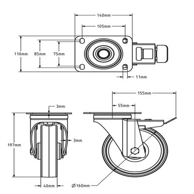Lenkrollen mit Bremse aus Edelstahl 160 mm - Nylon - 300 kg