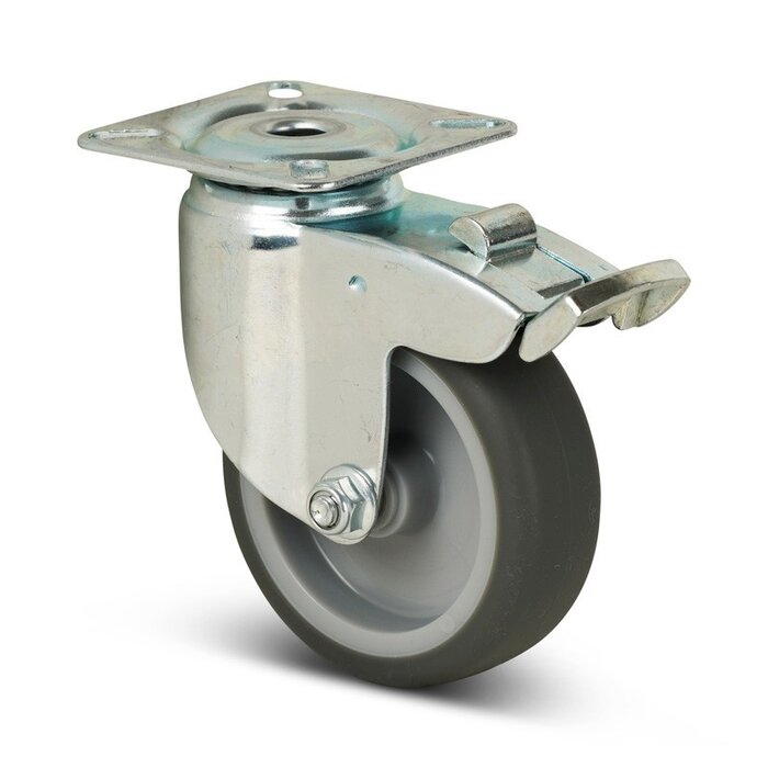 Gummilenkrolle mit Bremse 75 mm - Platte - 75 kg