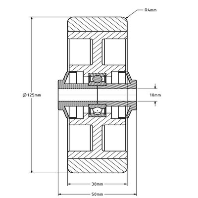 PU Rad aus Edelstahl 125 mm - Kugellagerbohrung 10 mm - 200 kg