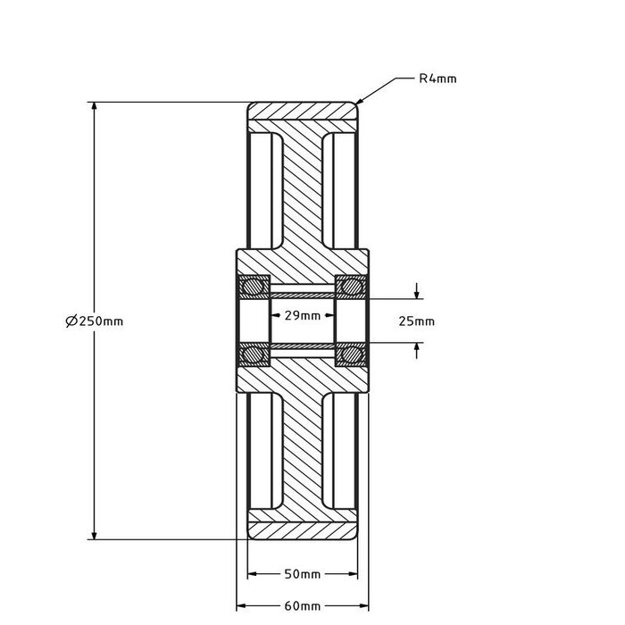 Polyurethanrad 250 mm - Kugellager 25 mm - 1300 kg