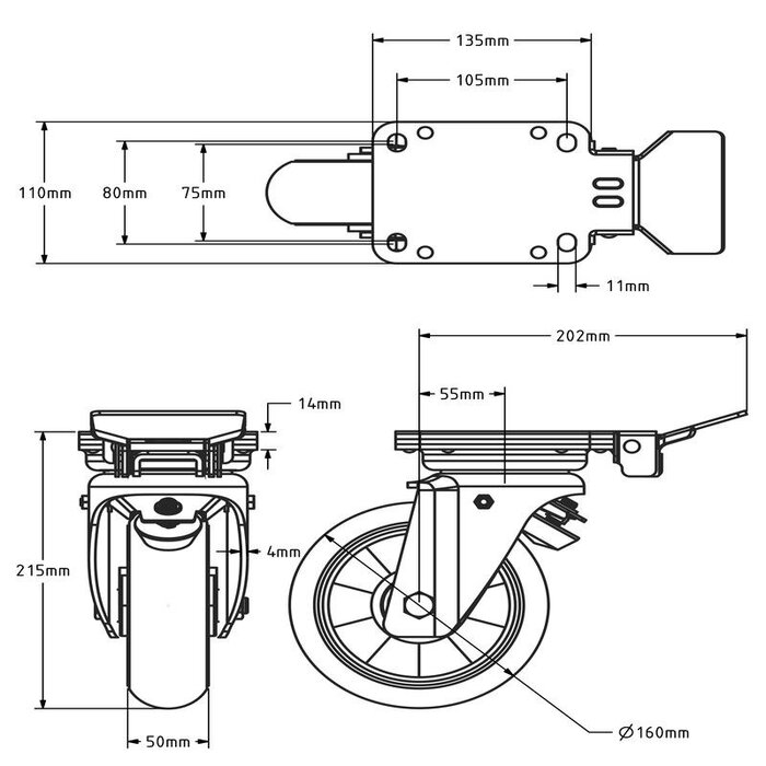 PU Lenkrolle mit Bremse 160 mm braun konvex - 510 kg