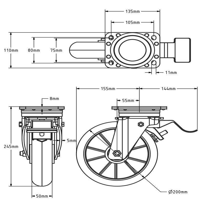 PU Lenkrolle mit Bremse 200 mm - verstärkt - kugelgelagert - 700 kg