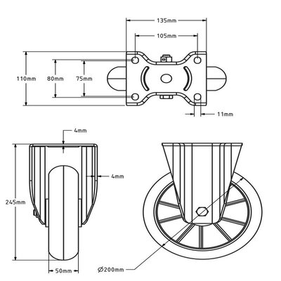 Ergonomische Polyurethan-Bockrolle 200 mm - Kugellager - 700 kg